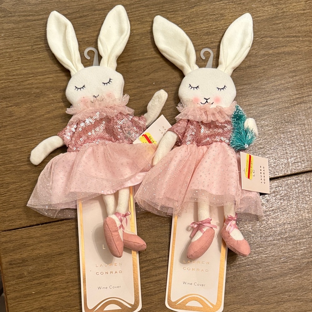 LC Lauren Conrad Blush Bunny Plush Pair of Wine Covers